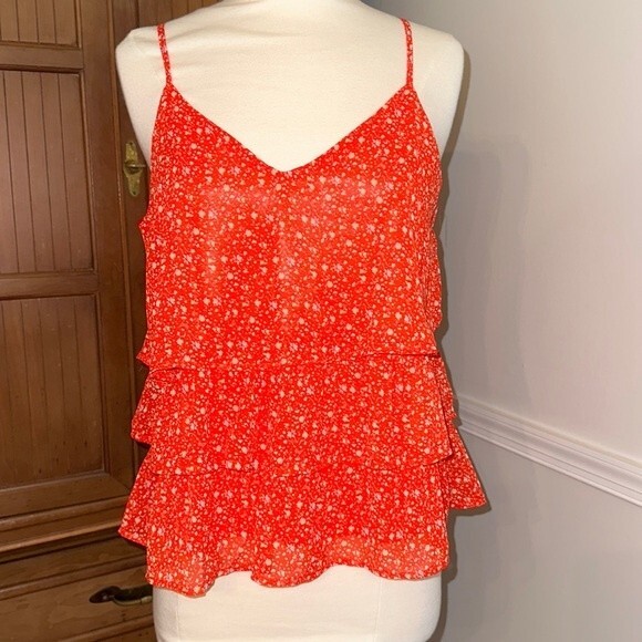 Tiered ruffled sleeveless top in orange/red with small flowers, S/M - Picture 1 of 4